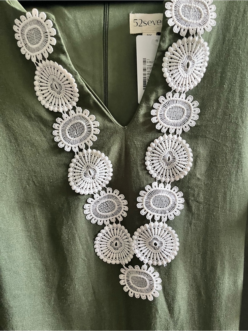 52seve Olive Midi Dress with White Crochet Medallion Trim